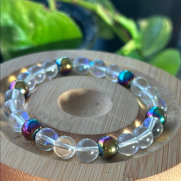 Handmade Jewelry - Handmade Iridescent Hematite + Aura Quartz Beaded Bracelet